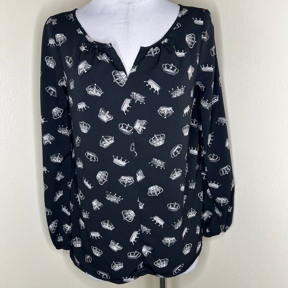 Thakoon Design Nation Top XS Relaxed Crown Print Split Neck Long Sleeve Black - Picture 2 of 8